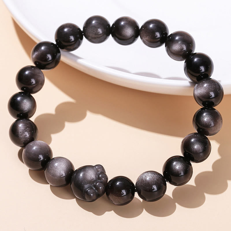 Natural Sheen Obsidian Beaded Cat Paw Charm Bracelet