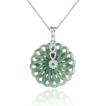 925 Sterling Silver Natural Round Jade Peace Buckle Abundance Necklace Pendant