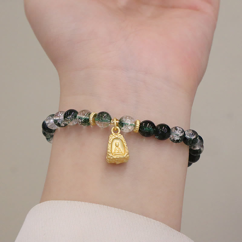 Natural Green Phantom Quartz Beaded Charm Bracelet with Buddha or Wu Lou Gourd