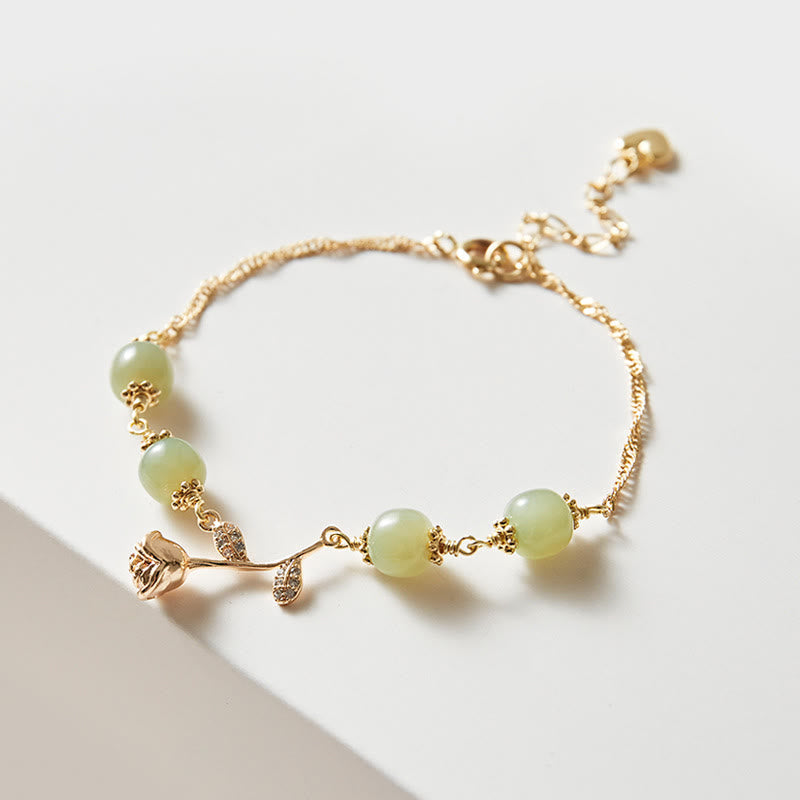 14K Gold Plated Hetian Jade Golden Rose Flower Luck Chain Bracelet