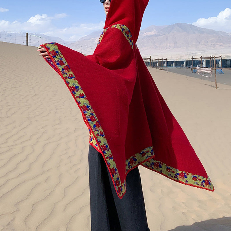 Tibetan Shawl Border Small Floral Flower Hooded Cloak Winter Cozy Travel Scarf Wrap