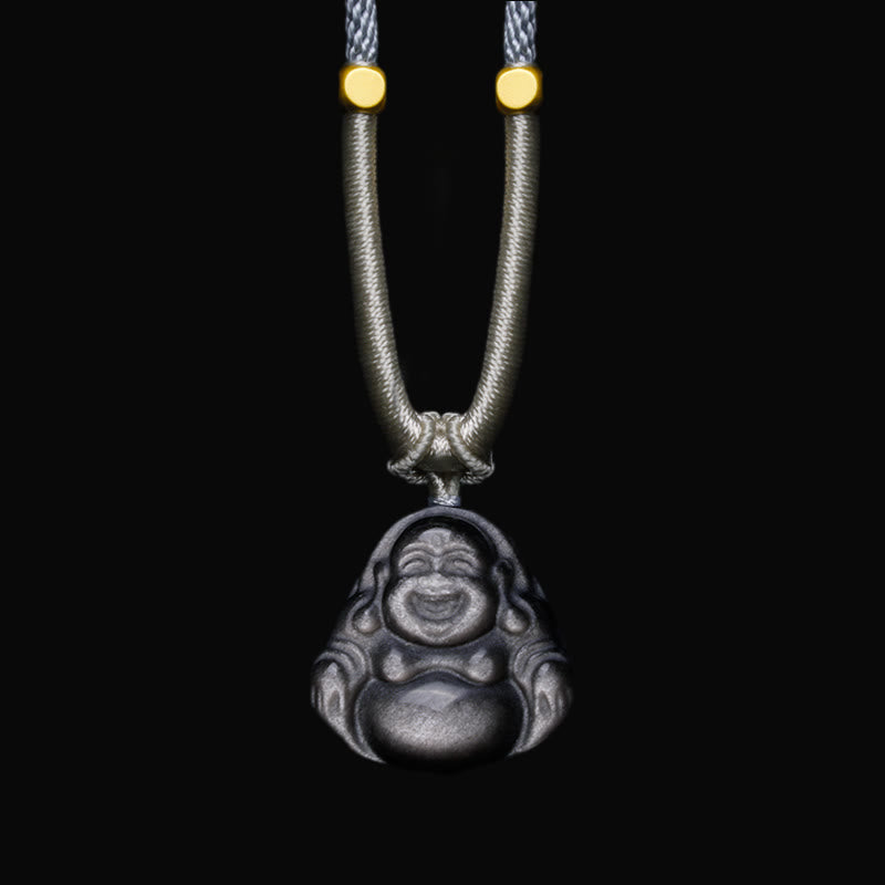 Natural Silver Sheen Obsidian Laughing Buddha Protection Necklace Pendant