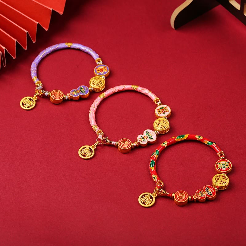 Tibetan Handcrafted Copper Wu Lou and Guardian Lion Cord Bracelet