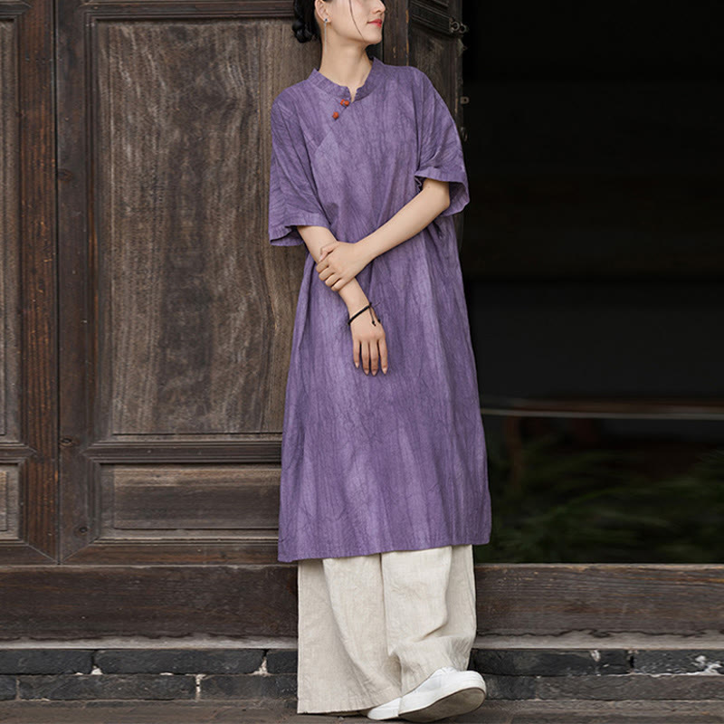 Handmade Tie Dye Ramie Linen Midi Dress Wide Leg Pants With Pockets