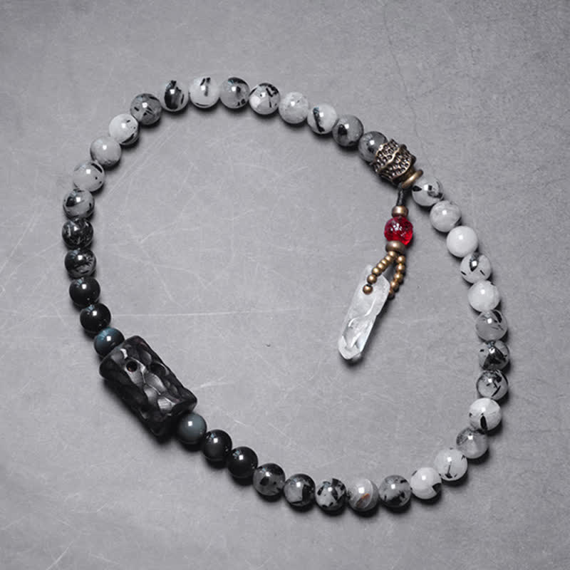 Black Rutilated Quartz, Ebony Wood, Obsidian & Clear Quartz Copper Couple Bracelet