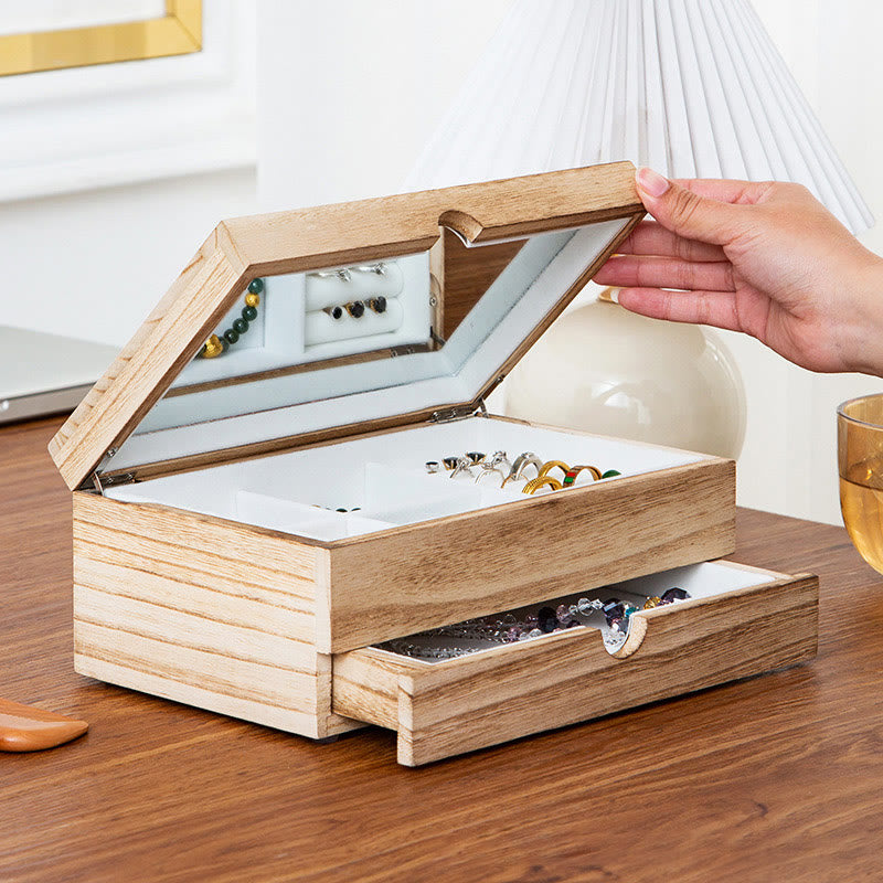Retro Beige Paulownia Wood Two-Layer Jewelry Storage Box with Mirror