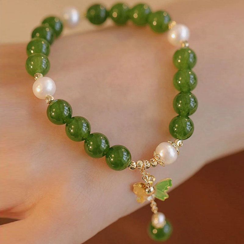 Natural Green Chalcedony and Pearl Butterfly Resilience Bracelet