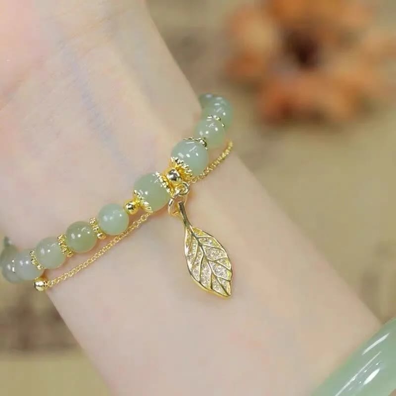 Jade Leaf Ginkgo Tulip Peanut Fu Character Luck Beaded Bracelet