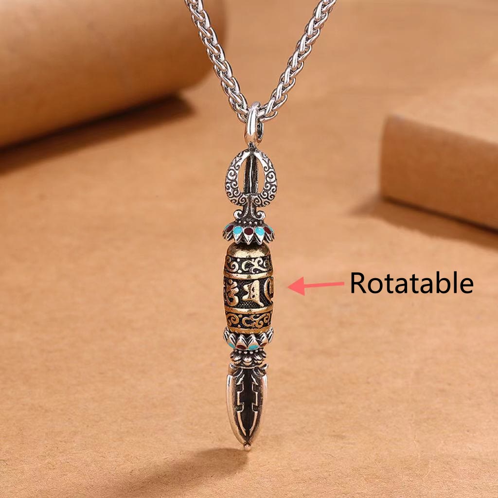 Tibetan Om Mani Padme Hum Protection Wealth Rotatable Necklace Pendant