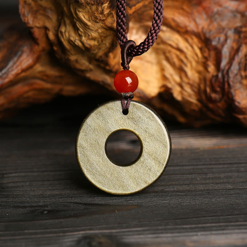 Gold Sheen Obsidian Peace Buckle Pixiu Copper Coin Wealth Necklace Pendant