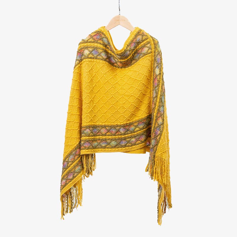 Tactile Knit Geometric Tassel Meditation Shawl Pullover