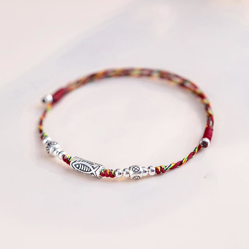 Braided Red String & 925 Sterling Silver Koi Fish Adjustable Bracelet Anklet