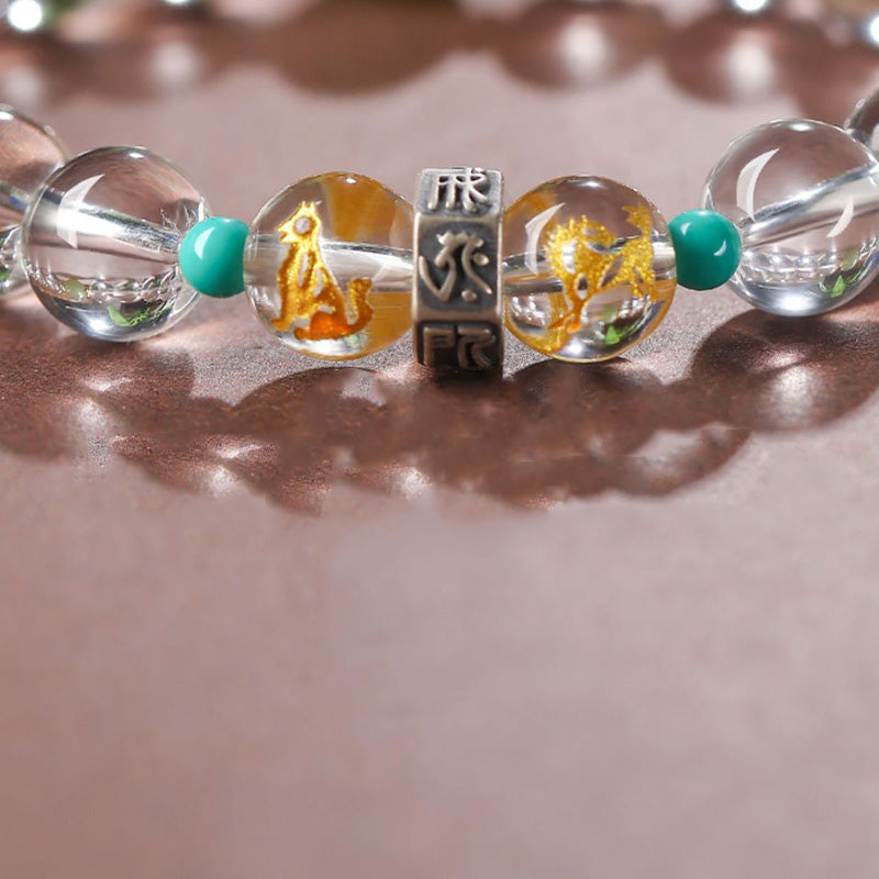 925 Sterling Silver Hetian Jade & White Crystal Chinese Zodiac Guardian Buddha Beaded Bracelet