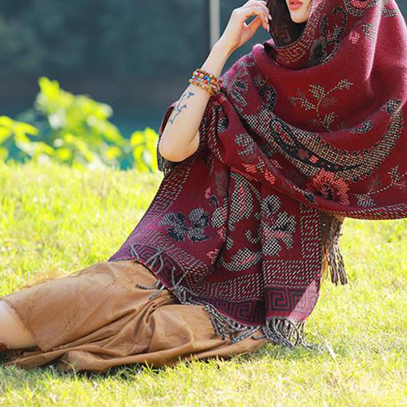 Tibetan Flowers Leaves Pattern Design Shawl Cozy Travel Scarf Wrap