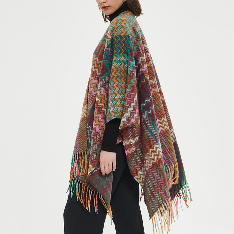 Tibetan Shawl Colorful Wavy Line Tassels Winter Cozy Travel Scarf Wrap