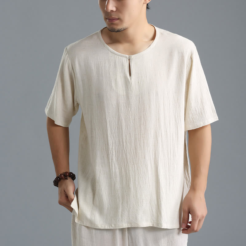 Breathable Cotton-Linen Crew Neck Short Sleeve Meditation Shirt