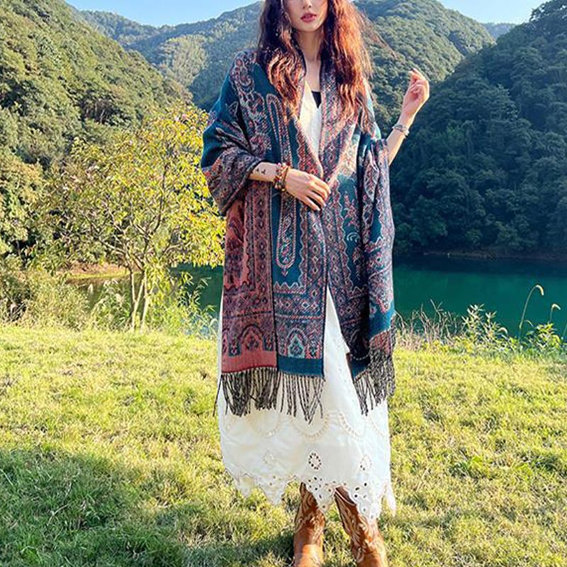 Vintage Tibetan Leaves Pattern Design Shawl Cozy Travel Scarf Wrap