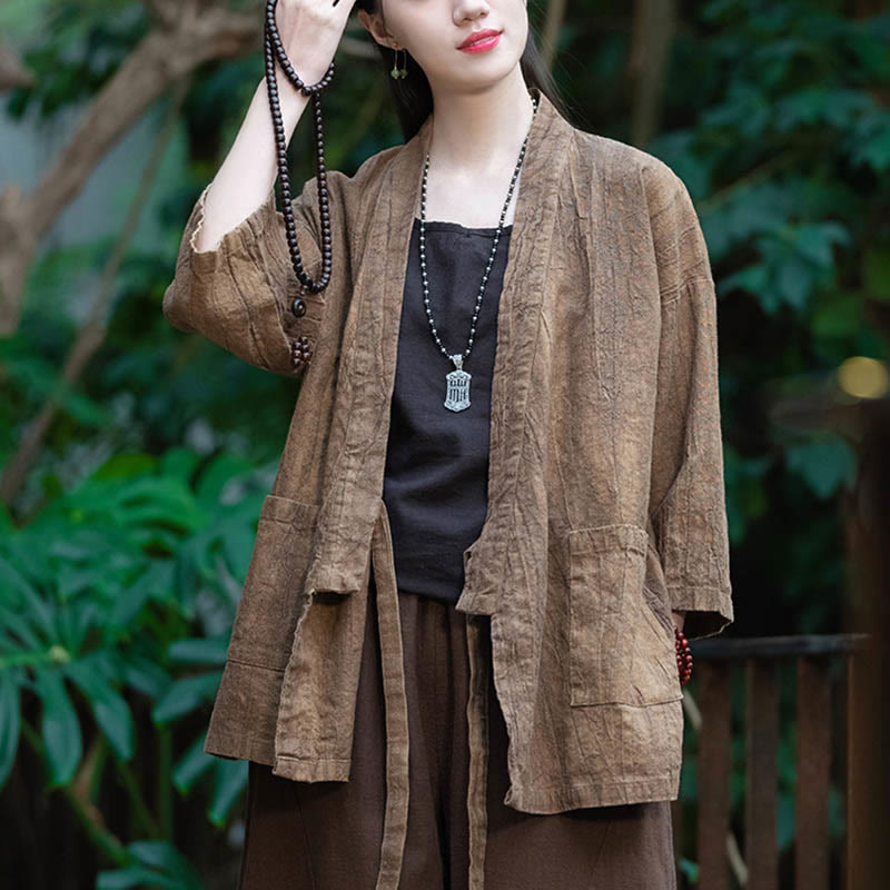 Hanfu Design Three Quarter Sleeve Ramie Linen Coat Open Front Top Jacket