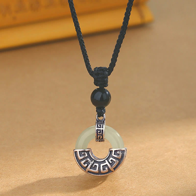 925 Sterling Silver Natural Hetian Jade Peace Buckle Prosperity Necklace Pendant