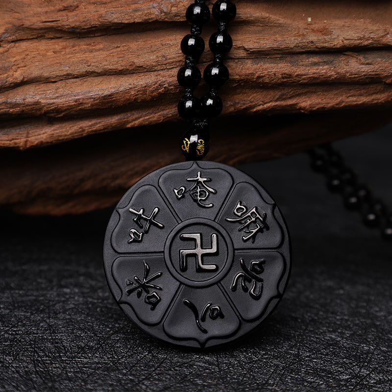 Natural Black Obsidian Tibetan Om Mani Padme Hum Buddha Swastika Luck Necklace Pendant
