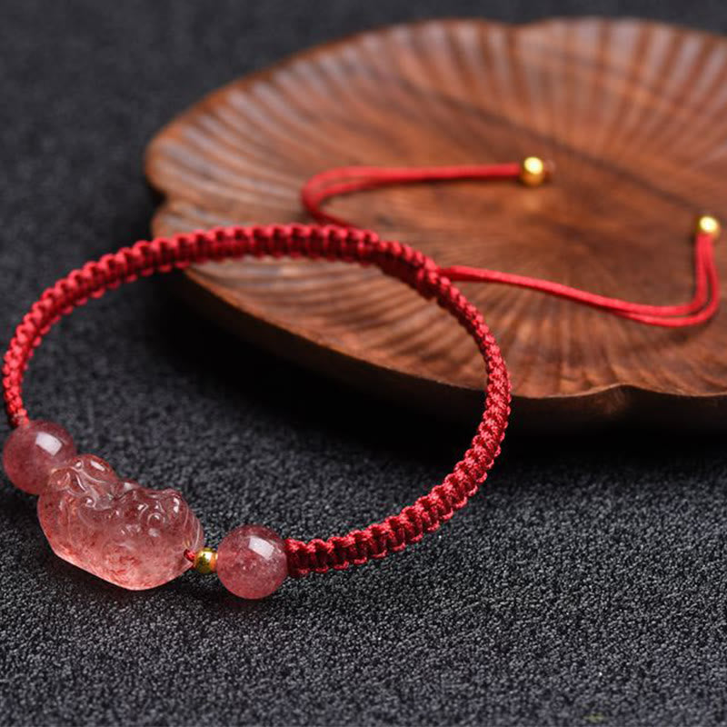 Natural Strawberry Quartz Pixiu Adjustable Red String Bracelet
