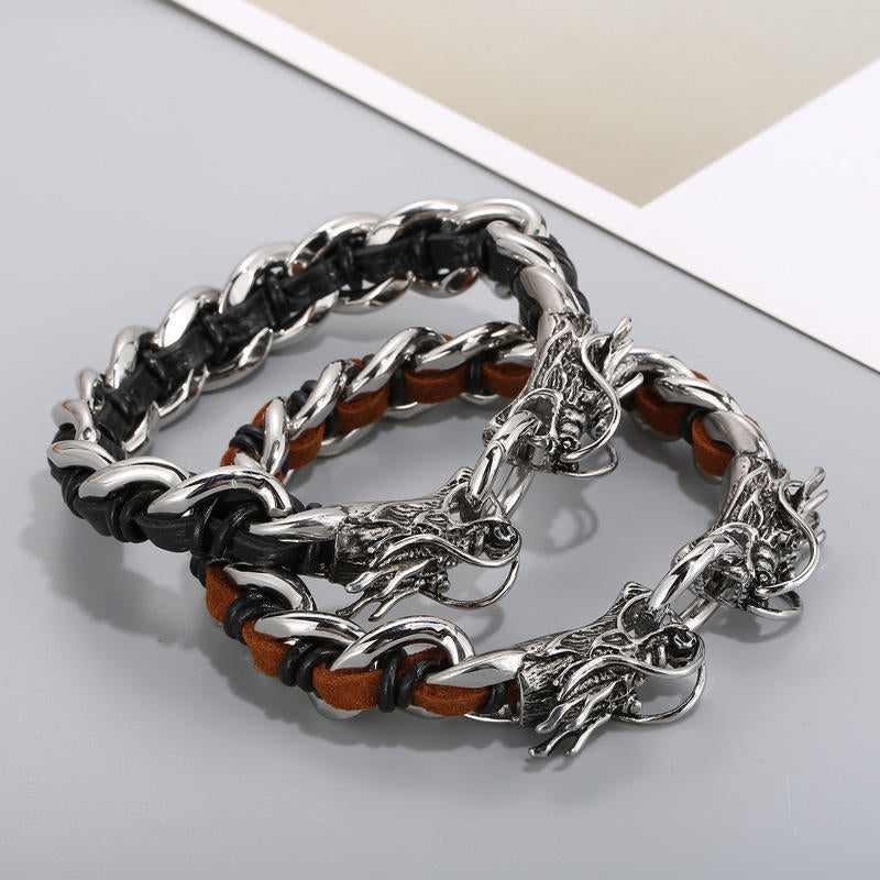 Masculine Dragon Braided Leather and Titanium Steel Bracelet