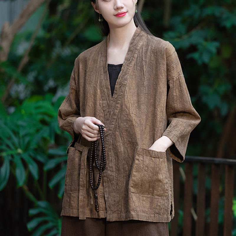 Hanfu Design Three Quarter Sleeve Ramie Linen Coat Open Front Top Jacket