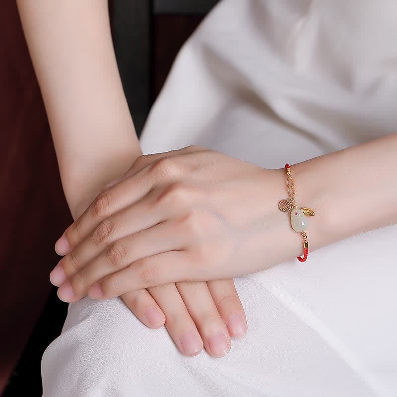 Sterling Silver & Hetian White Jade Red String Bracelet with Gold Buddha & Rabbit Accents