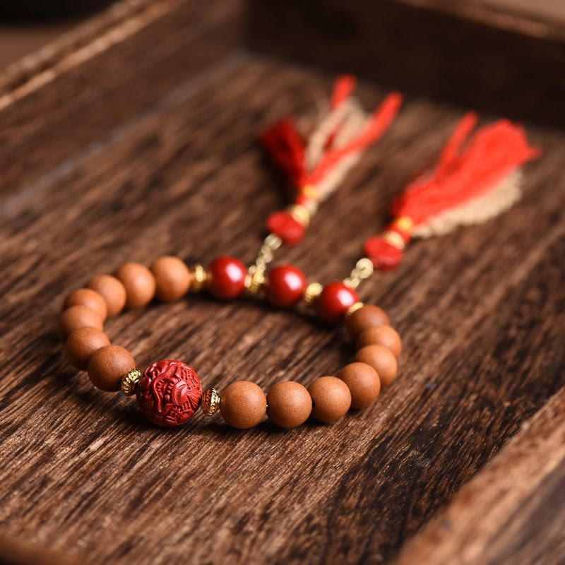 Tibetan Natural Peach Wood and Cinnabar Pixiu Tassel Bracelet