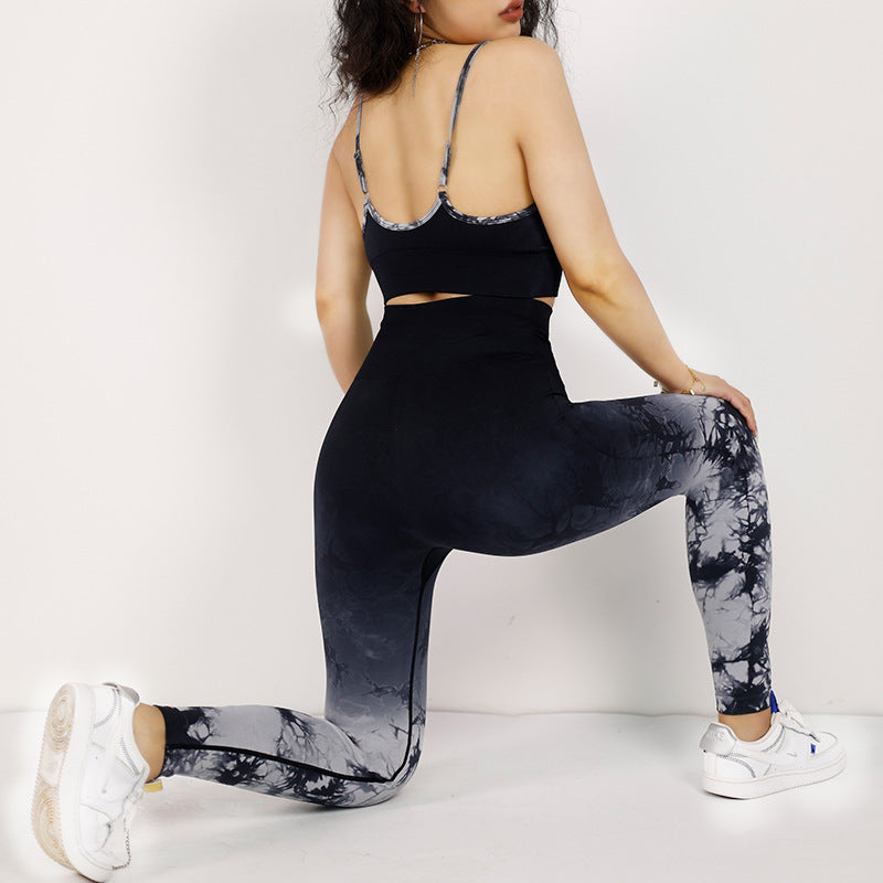 2Pcs Simple Tie Dye Print Crop Tank Top High Waist Pants Sports Gym Outfits Women's Yoga Sets