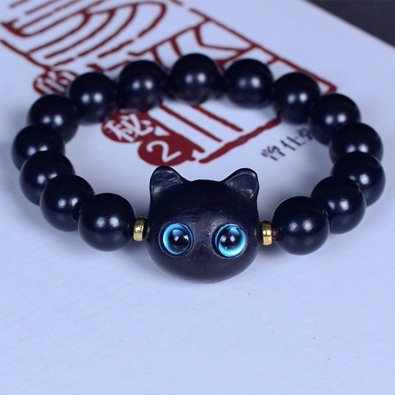 Natural Ebony Wood and Liuli Glass Lucky Cat Beaded Bracelet for Cat Lovers
