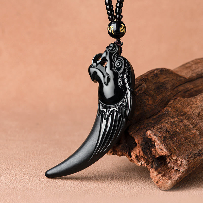 Natural Black Jade Chinese Zodiac Dragon Tooth Pattern Protection Necklace Pendant