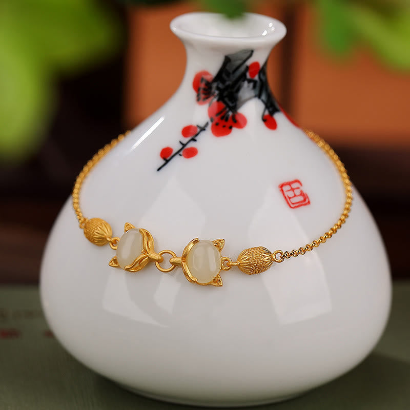 925 Sterling Silver Natural Hetian White Jade Cyan Jade Lovely Fox Luck Bracelet