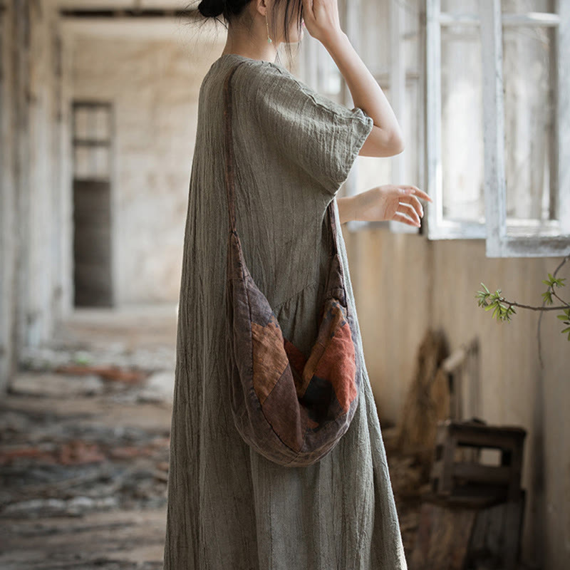 Handmade Tie Dye V-Neck Midi Dress Linen Short Sleeve Dress