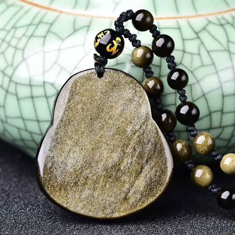 Laughing Buddha Gold Sheen Obsidian Wealth Necklace Pendant