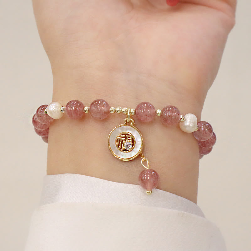 Strawberry Quartz Pearl Elk Smiley Face Fishtail Fu Character Charm Healing Bracelet