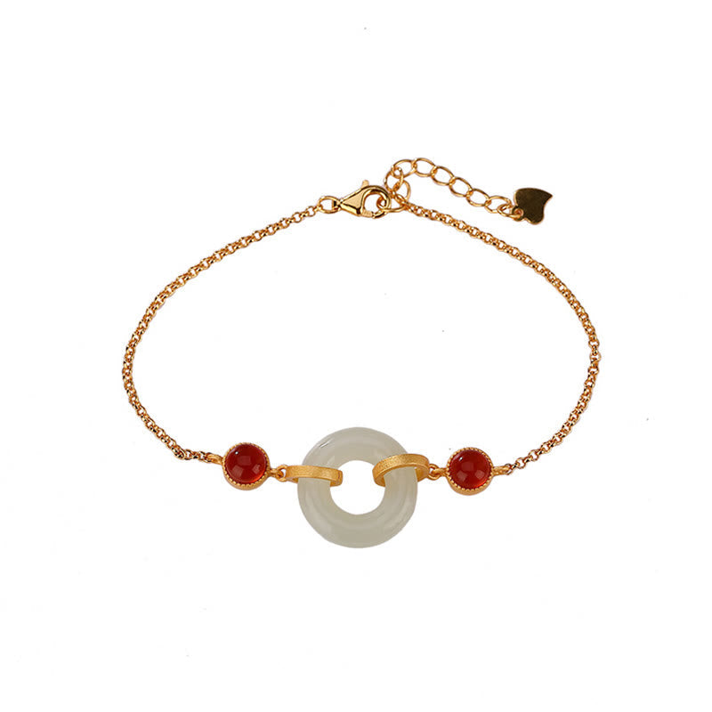 925 Sterling Silver Plated Gold Natural Hetian Jade Peace Buckle Red Agate Luck Bracelet
