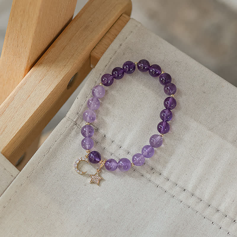 Handmade Natural Amethyst Celestial Moon & Star Beaded Bracelet