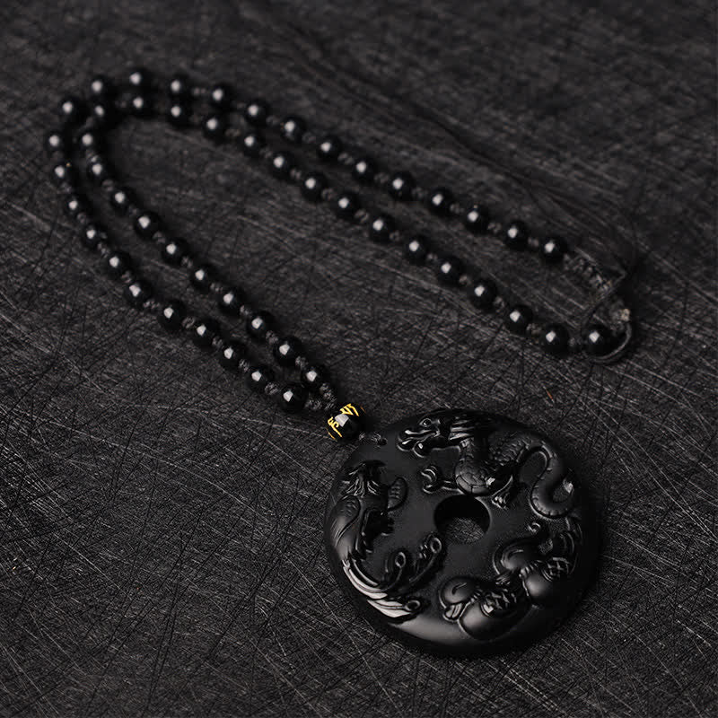 Black Obsidian Dragon Phoenix Mandarin Duck Luck Protection Necklace Pendant