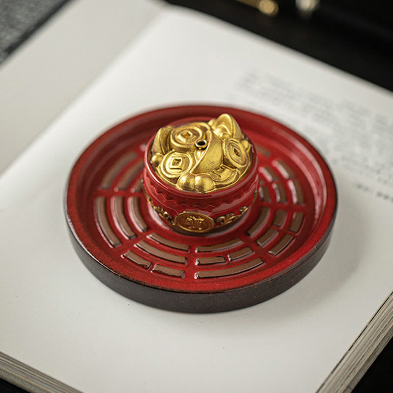 Ceramic Bagua Tray & Symbolic Wealth Vessel Stick Incense Burner