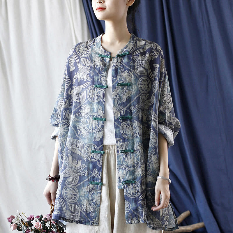 Birds Flowers Geometry Frog-Button Long Sleeve Ramie Linen Jacket Shirt