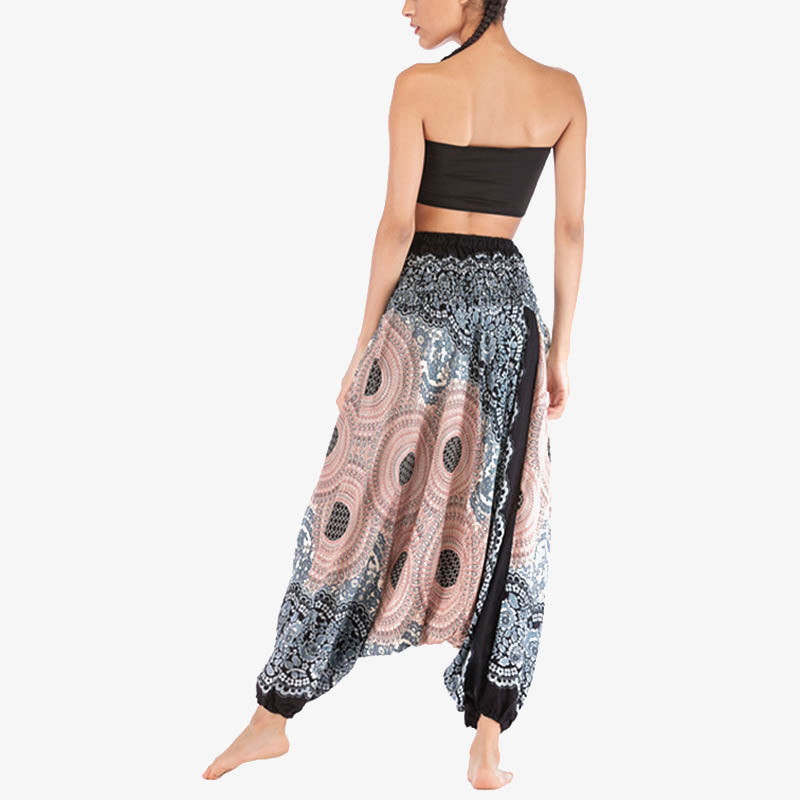 Two Style Wear Round Geometric Pattern Loose Smocked Harem Trousers Jumpsuit High Waist Women's Yoga Pants