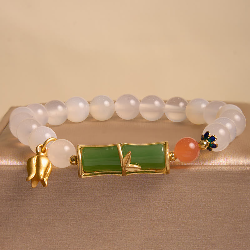 Natural White Agate Jadeite Bamboo Bead Bracelet (14-16cm Wrist) for Clarity