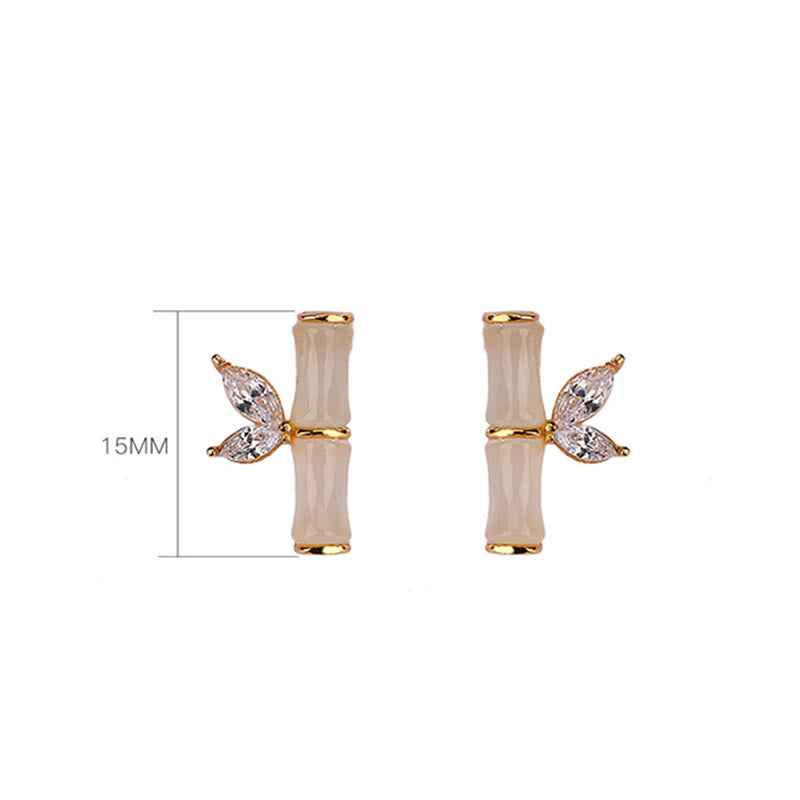 Gold Plated 925 Sterling Silver Bamboo Pattern Jade and Agate Stud Earrings