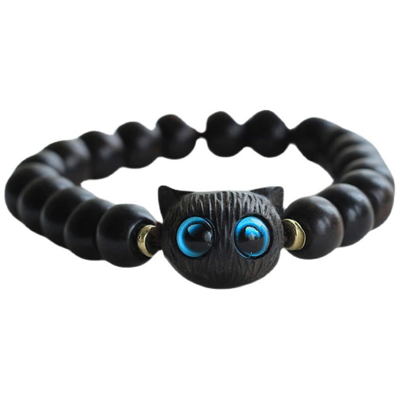 Hand-Carved Wooden Cat Peace Charm Bracelet in Ebony or Sandalwood