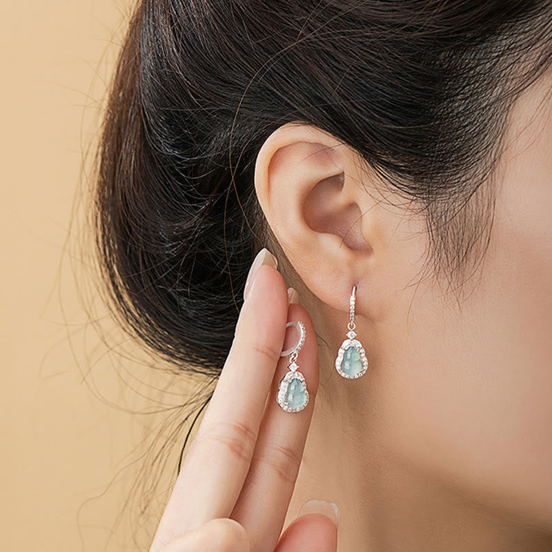 925 Sterling Silver Green Jade Wu Lou Gourd Drop Earrings