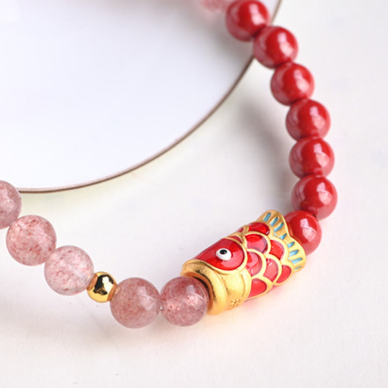 Natural Strawberry Quartz Cinnabar Lucky Koi Fish Healing Bracelet