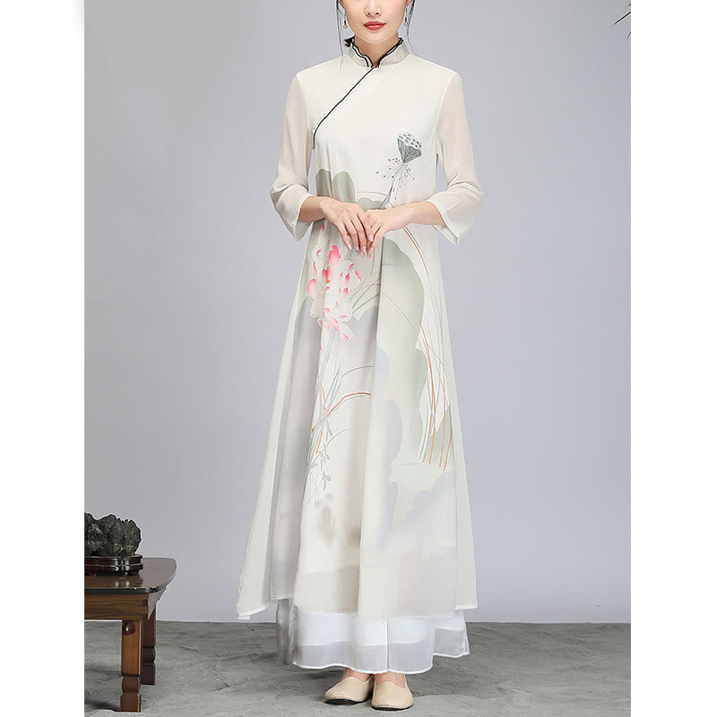 Lotus Flower Pod Chiffon Cheongsam Midi Dress Meditation Zen Practice Clothing