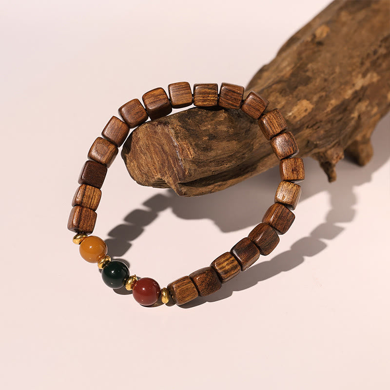 Hand-Carved Rosewood & Jade Turquoise Copper Auspicious Clouds Fu Symbol Bracelet