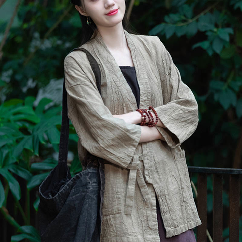 Hanfu Design Three Quarter Sleeve Ramie Linen Coat Open Front Top Jacket